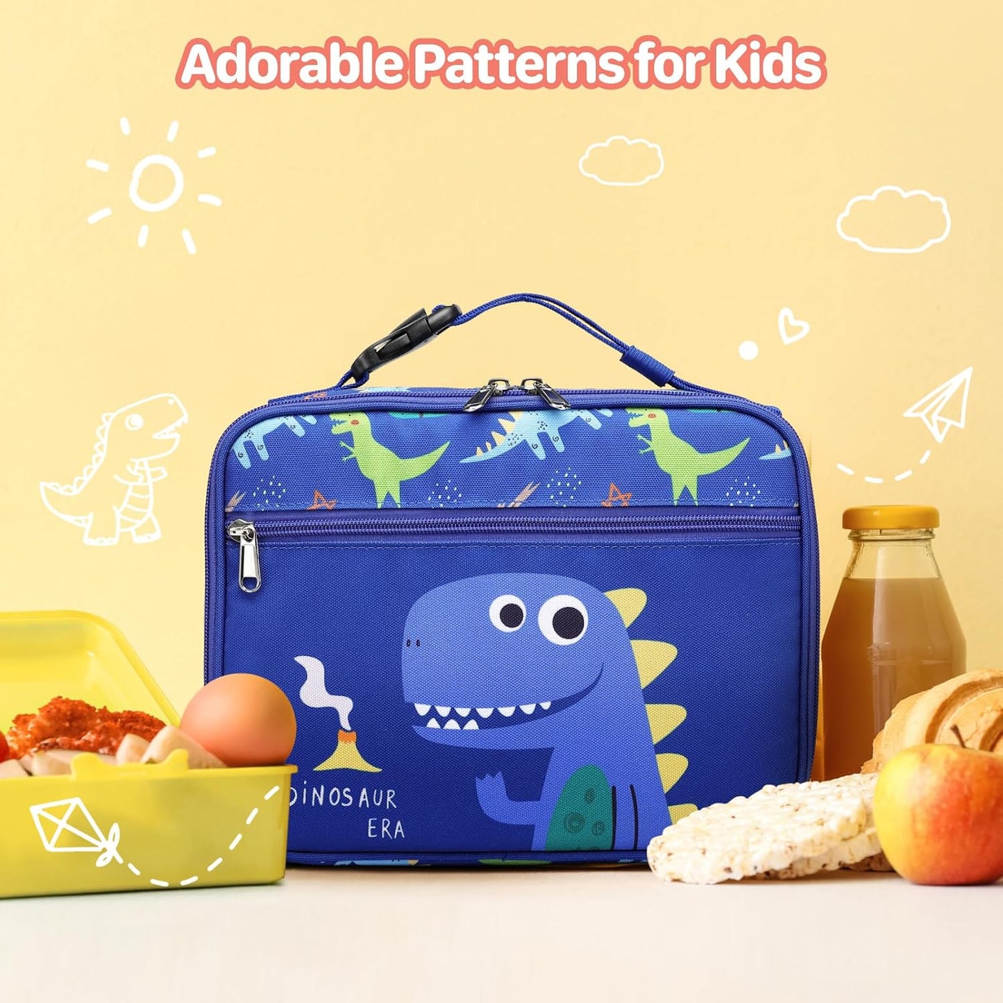 Kids Lunch Bag Boys - Insulated Kids Lunch Box Reusable Lunchbox with Water Bottle Holder Toddler Lunch Tote Bag for School Daycare, Black Dino Fossil