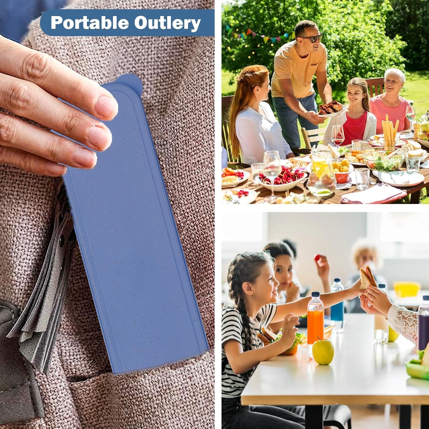 2 Sets Reusable Utensil Set with Case, Portable Plastic Spoons Fork Knife Camping Utensils for Lunch Box Accessories for Kids Adults Travel Picnic Camping Daily Use(Blue, Black)