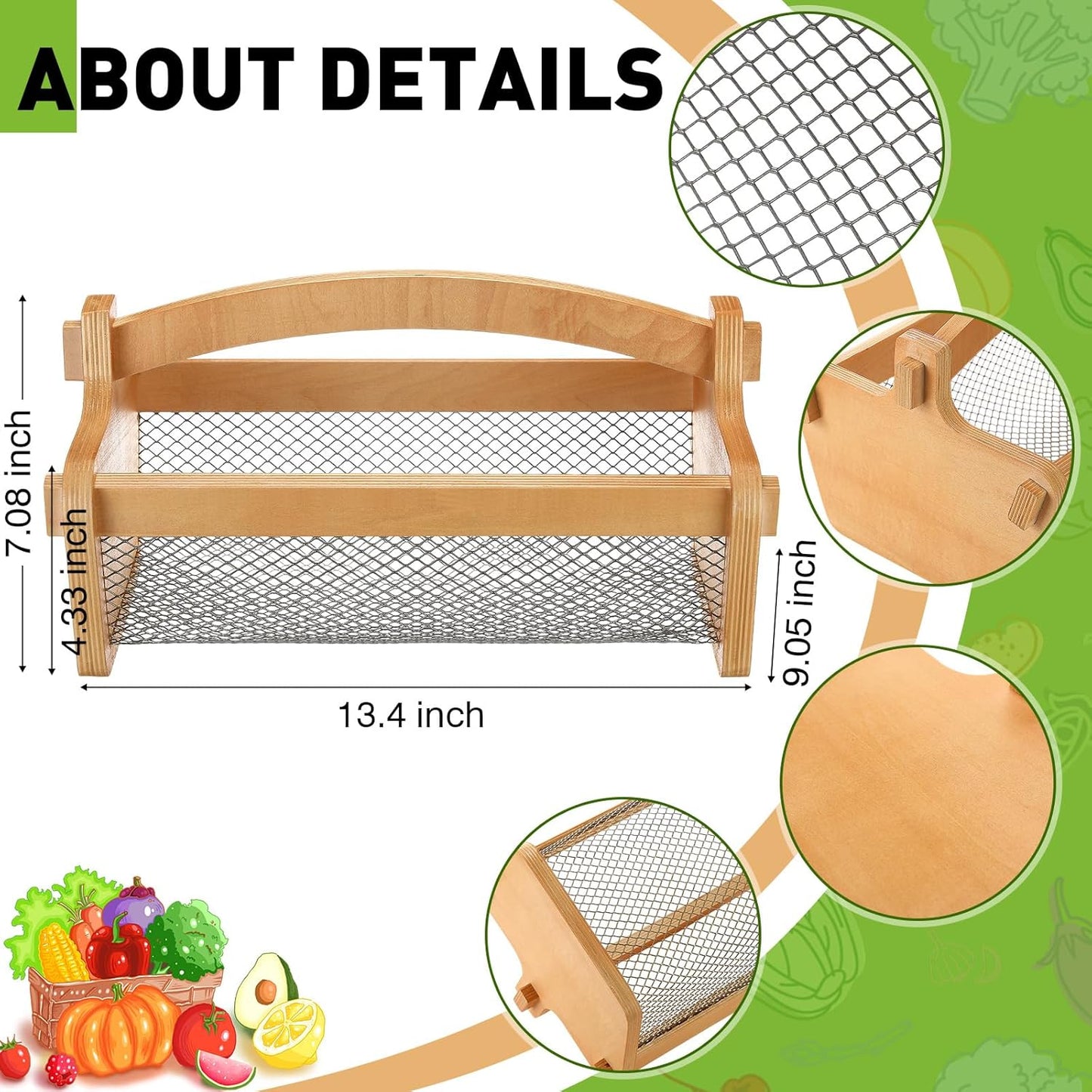 Teenyyou Garden Harvest Basket Mesh Storage with Handle Versatile Gardening Fruits Vegetables Gathering Basket Garden Supply Father's Day Gardener Gift for Farmer Washing Holding(Brown,19in)