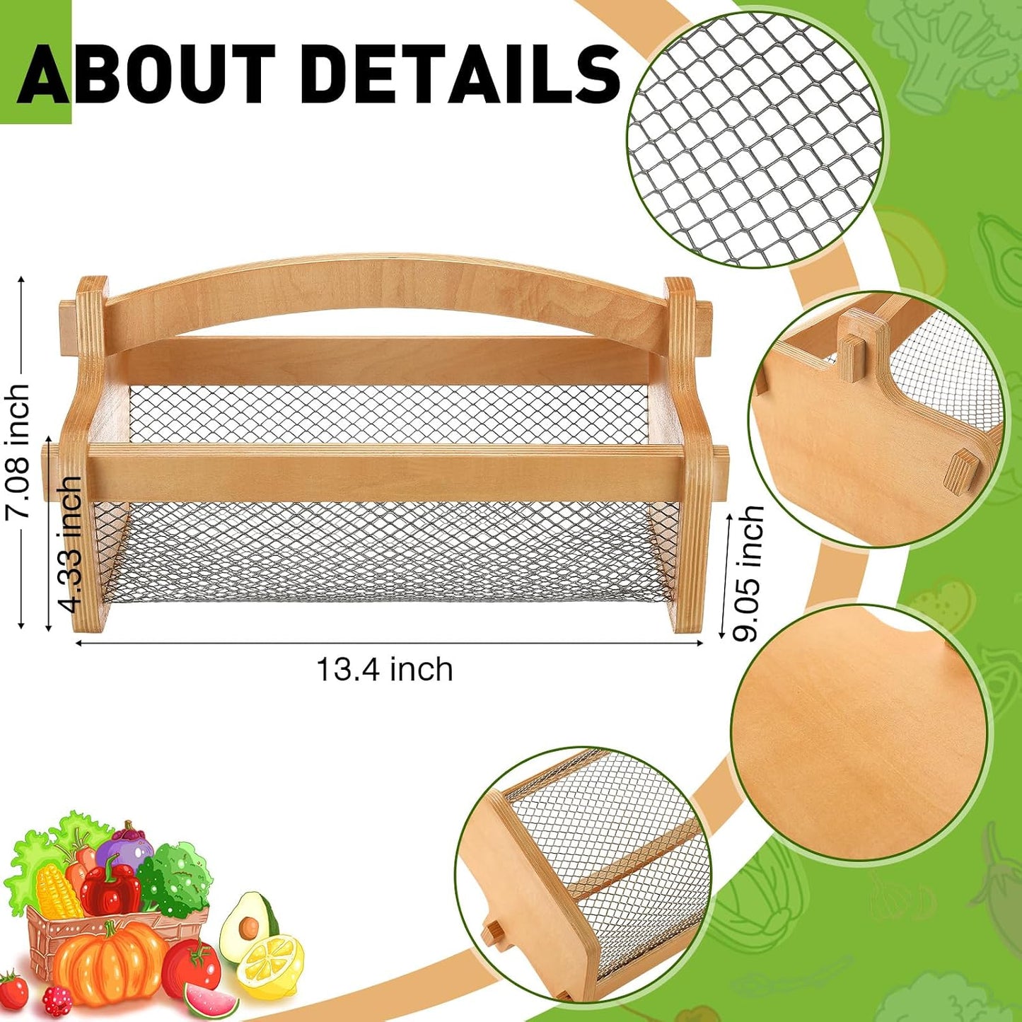 Teenyyou Garden Harvest Basket Mesh Storage with Handle Versatile Gardening Fruits Vegetables Gathering Basket Garden Supply Gardener Gift for Farmer Washing Holding(Brown,19in)