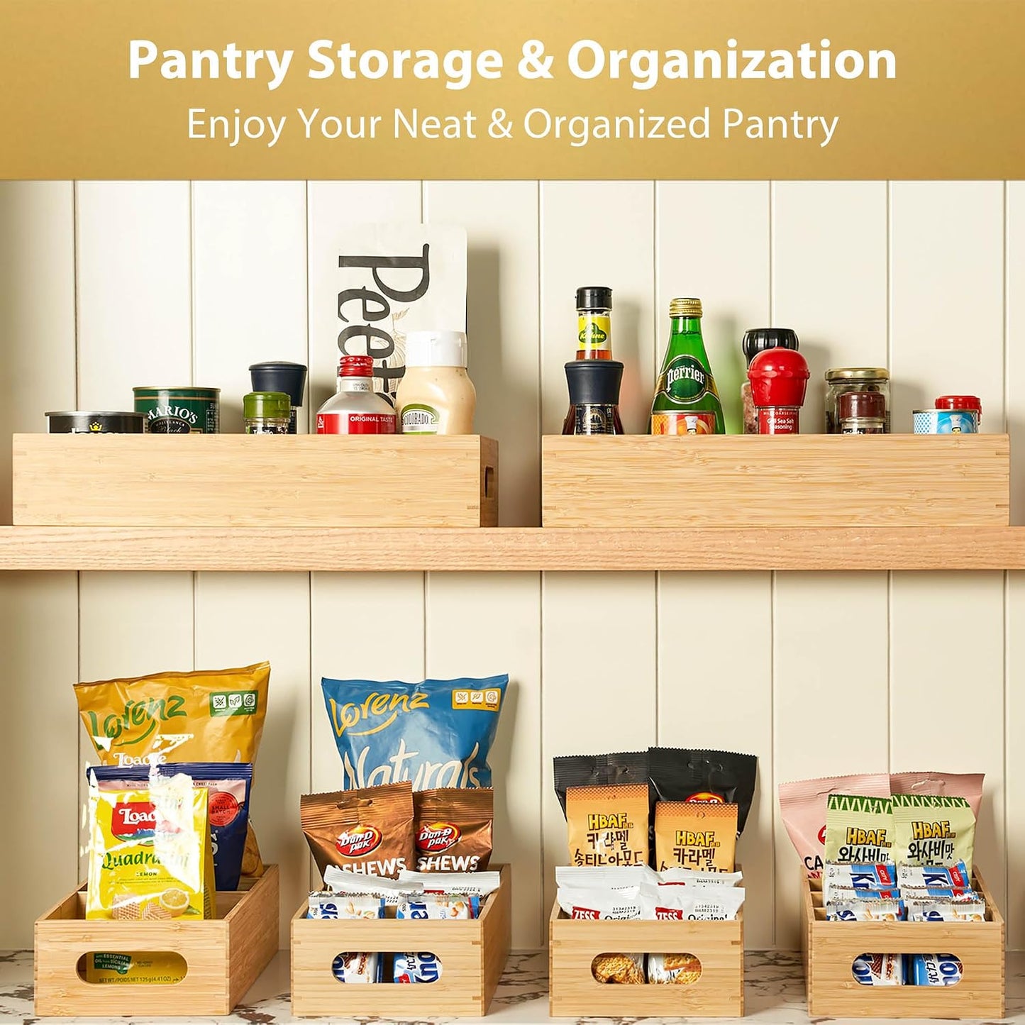 Umilife Bamboo Pantry Organizers and Storage Bins with Removable Dividers, Kitchen Drawer Cabinet Countertop Organization for Snack, Spice Packets, Teabags, Seasoning Pouches (2 Pack)