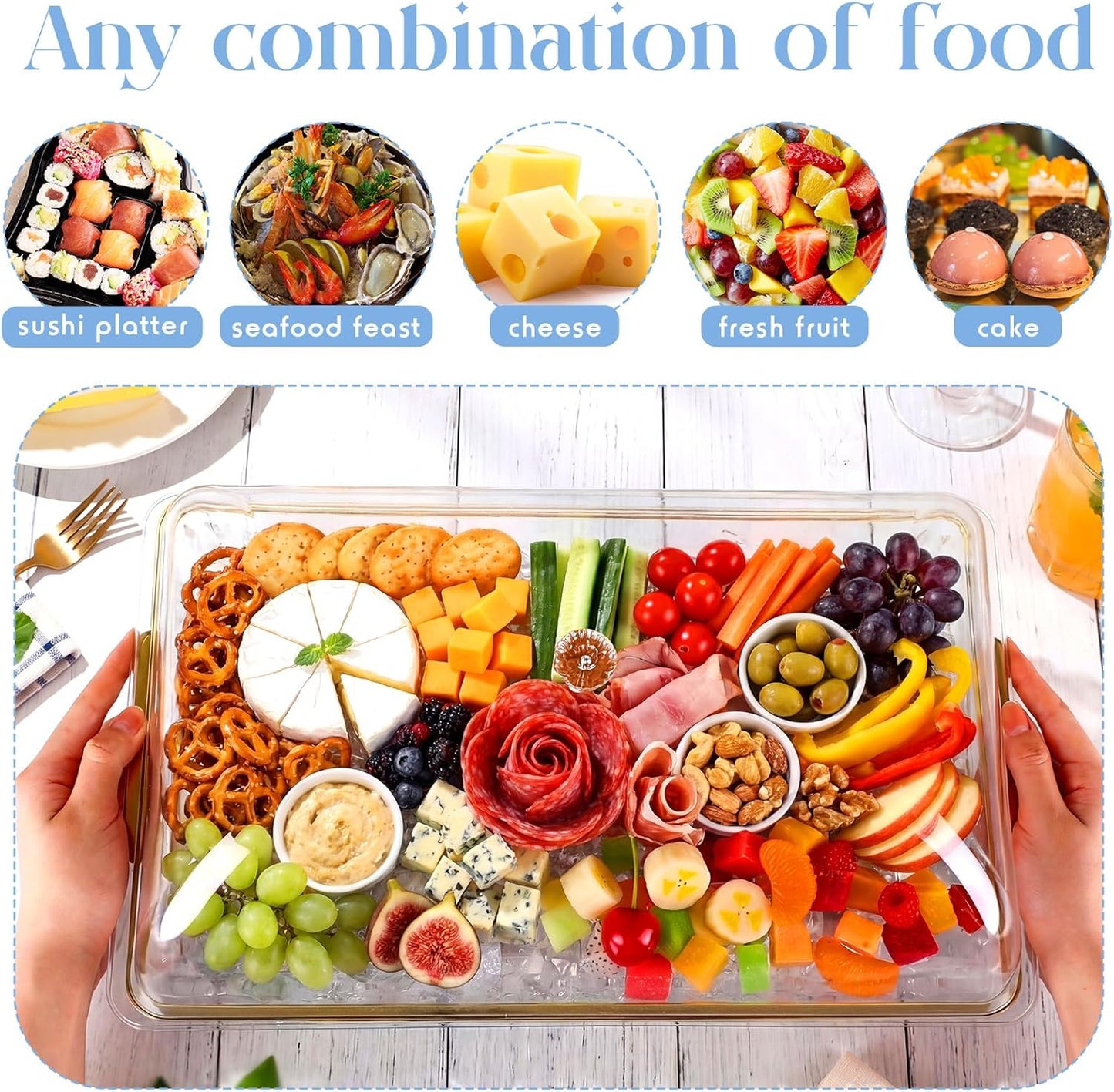Baderke 16" x 9" Chilled Serving Tray for Parties with lids Compartments Ice Chilled Party Platter Charcuterie Serving Board Cold Dish Dip with Tongs for Fruit Seafood Vegetable (Dark Wood)