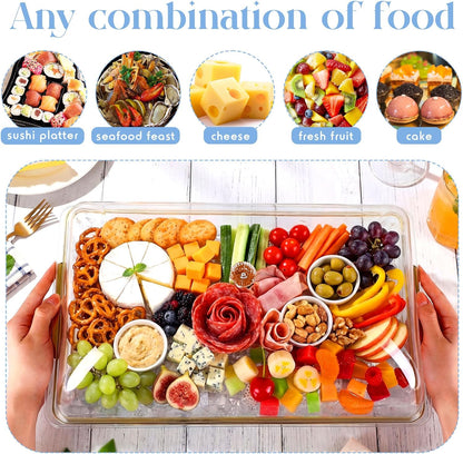 Baderke 16" x 9" Chilled Serving Tray for Parties with lids Compartments Ice Chilled Party Platter Charcuterie Serving Board Cold Dish Dip with Tongs for Fruit Seafood Vegetable (Dark Wood)