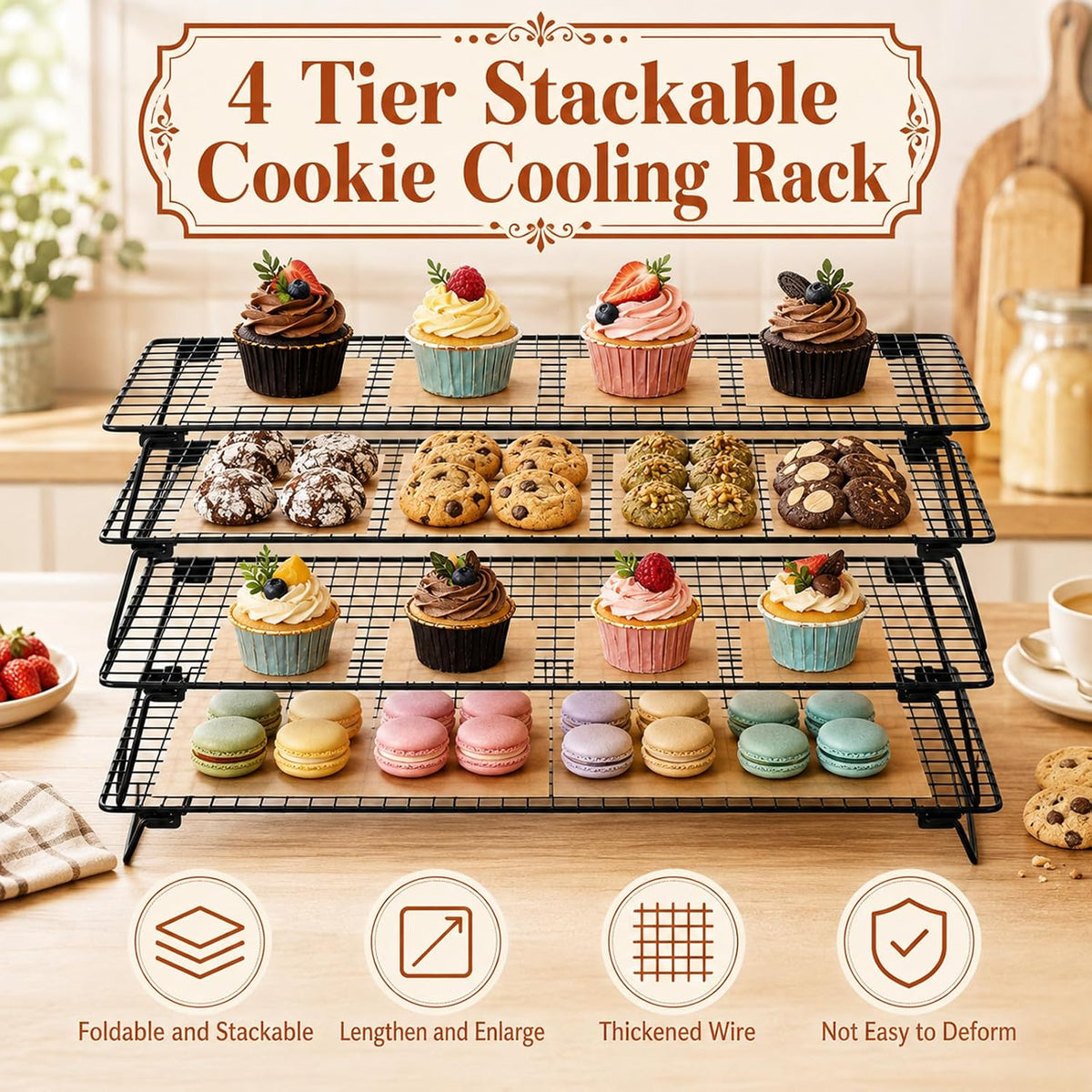 4 Pack Stackable Cooling Rack Set 4 Tier 17"x11" Roasting Rack