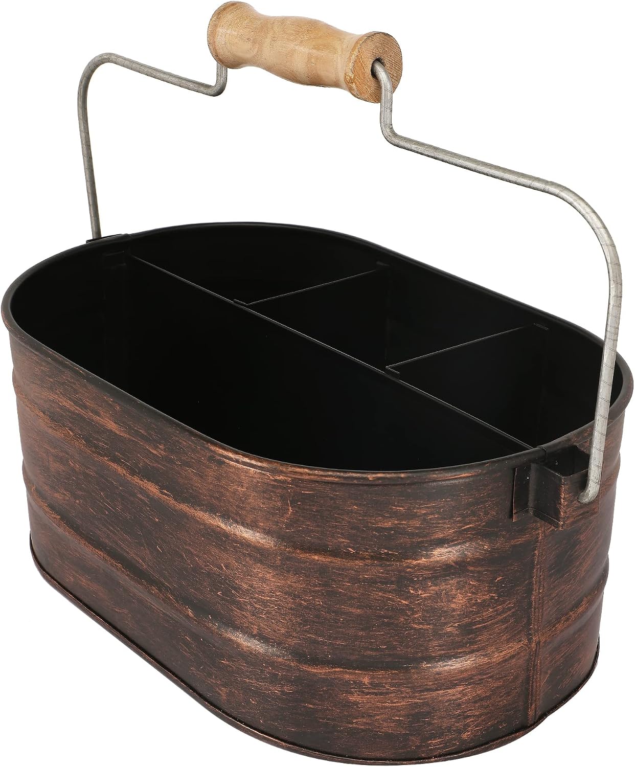 Galvanized Metal Caddy with 4 Compartments, Rustic Farmhouse Kitchen Picnic Utensil Holder, Multipurpose Storage Bin, Metal Garden Planters - 12 Inch - Antique Natural