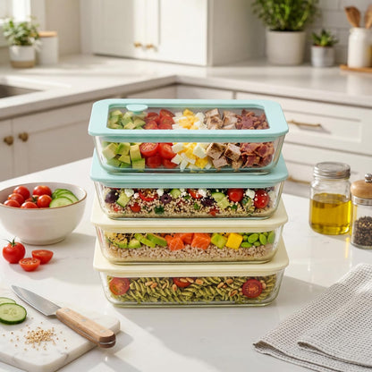 Urban Green Glass Food Container Set with Glass Lid, 5 Pack, Meal Prep Containers with Silicone Framed Airtight Lid, Leakproof, 100% Plastic Free