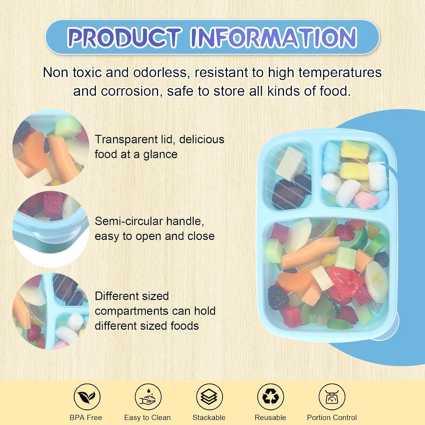 Honeydak 5 Pack Snack Containers 3 Compartment Bento Snack Boxes Divided Meal Prep Containers with Lids Reusable Adults Lunch Food Storage Box for School Work Travel(Elderberry)