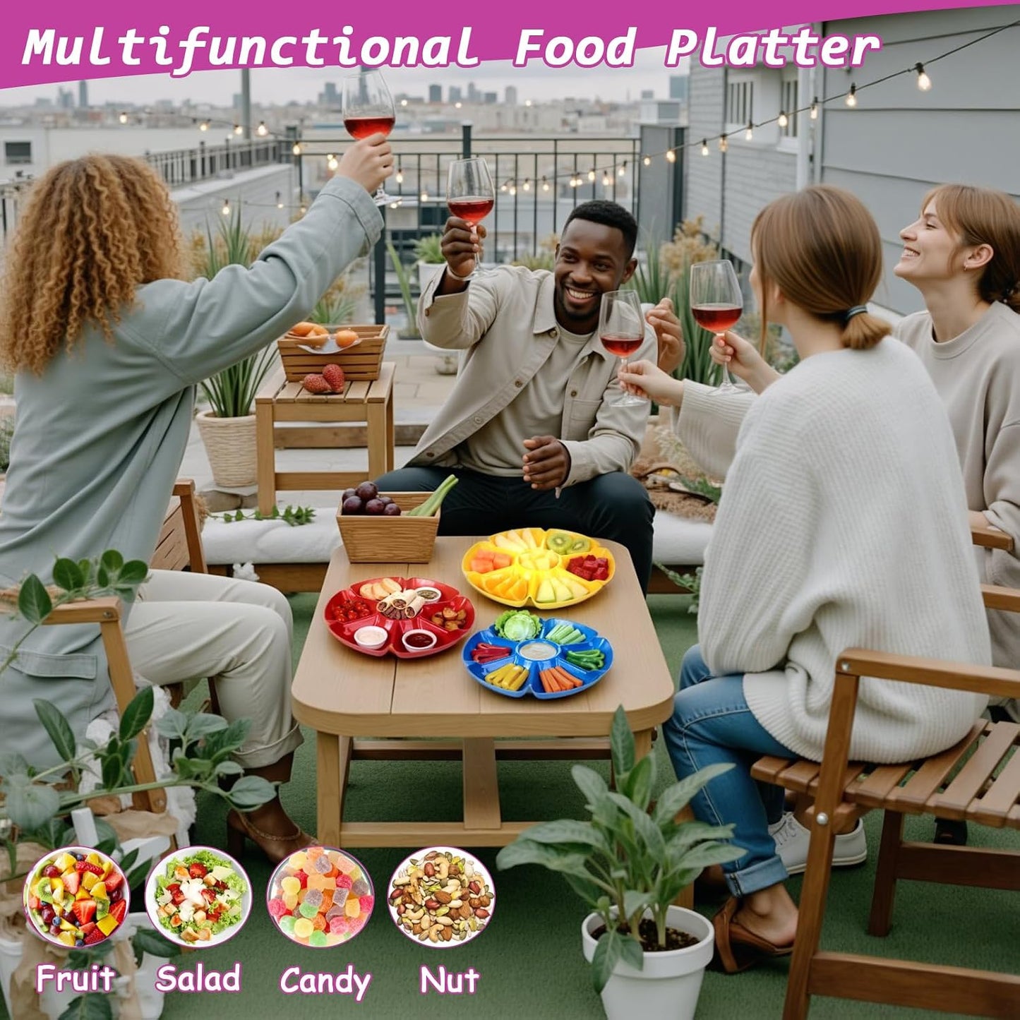 12 Pack Divided Serving Tray 7 Section Chip and Dip Platter Veggie Fruit Trays for Serving for Party with 100 Forks for Fruits, Veggies, Candy, Snack, Dessert, 12 inch