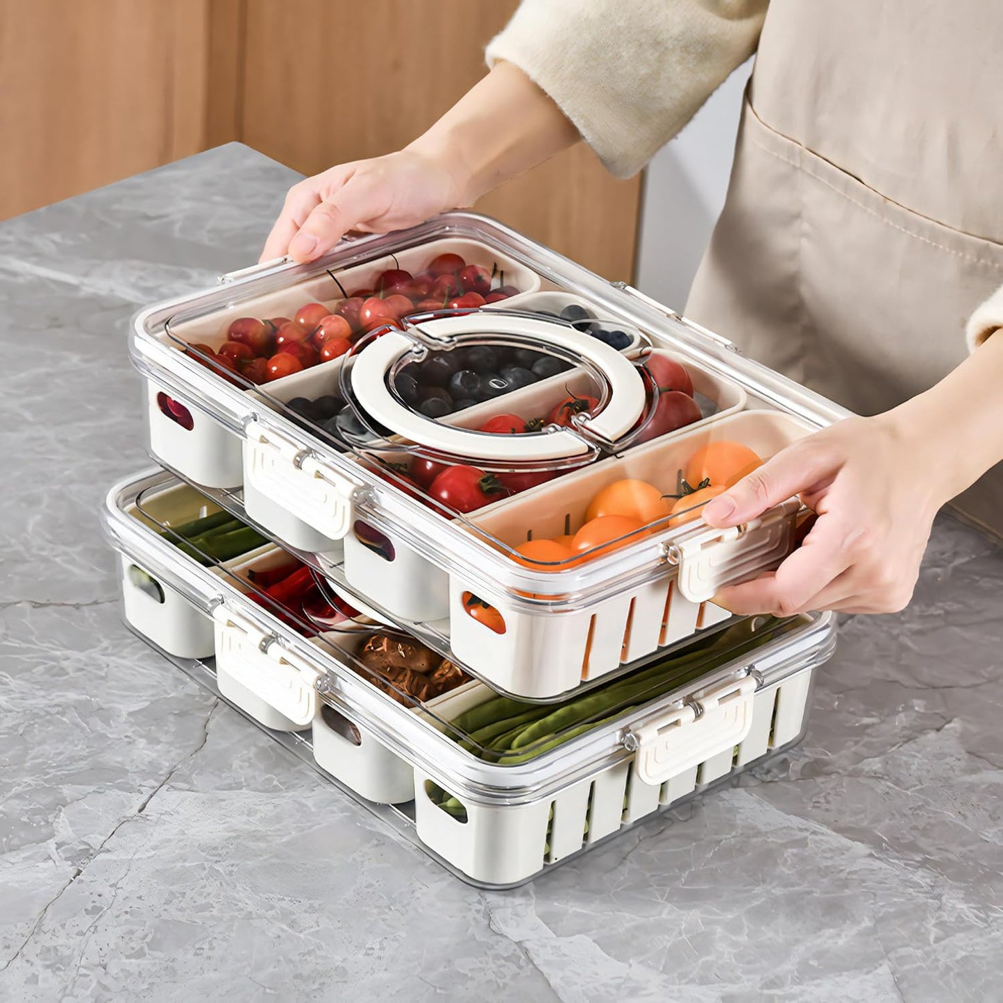 Divided Serving Tray with Lid for Veggie Charcuterie Container Portion Control Salad Keeper with 4 Removable Boxes Stackable Refrigerator Organizer Bins Food Storage Organizer Produce Saver