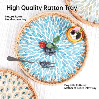Round Rattan Tray with Mother of Pearl Inlay, Rattan Serving Tray for Coffee, Bread, Fruits, Decorative Wicker Tray for Table Decor, Home Decor, Kitchen Island Decor(Black Checkerboard, 11.8")