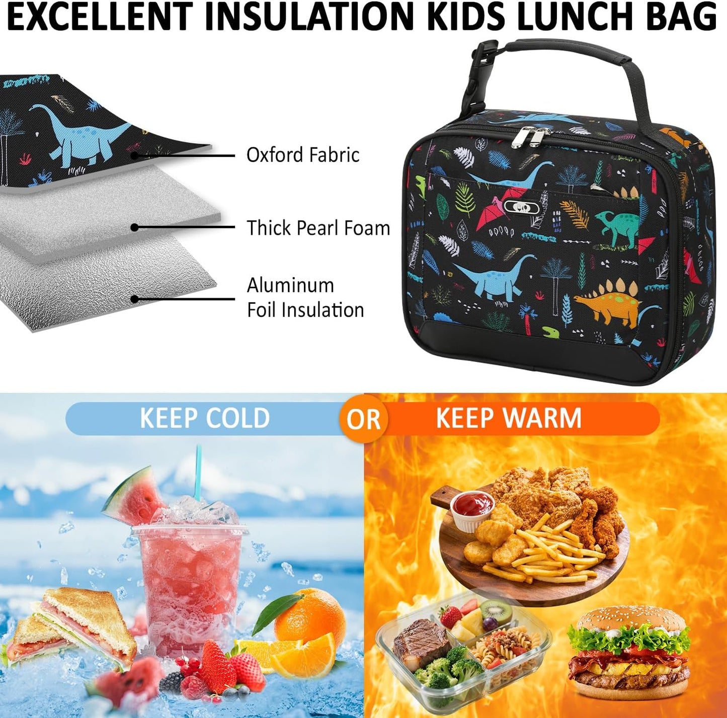 Lunch Box Kids Insulated Lunch Bag for Boys Girls Cute Reusable Lunch Tote Bag Waterproof Portable Thermal Lunch Box Kids for School Picnic Travel Black