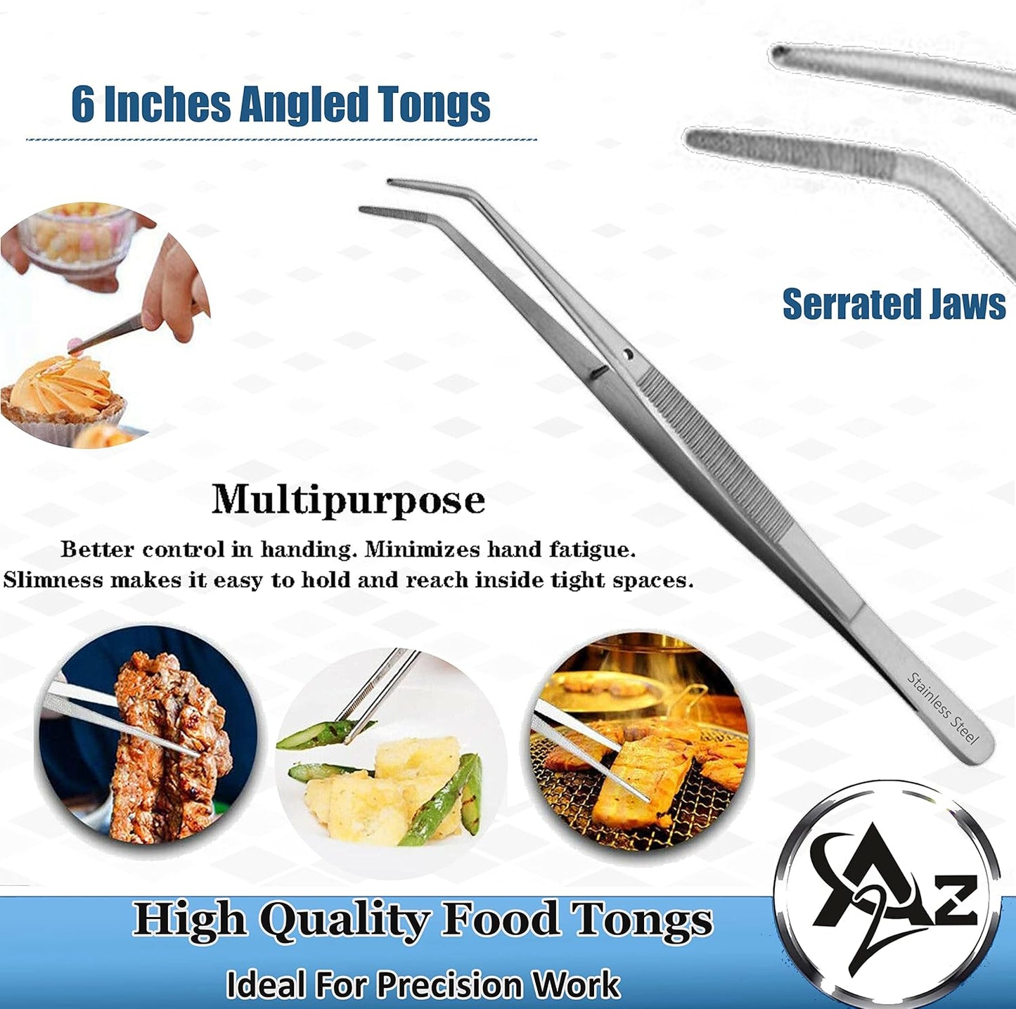 6 Inch Professional Culinary Stainless Steel Precision Tongs with Angled Serrated Tips, Plating/Food Presentation Detailing Serving Tongs, Chef's Kitchen Tweezer Tongs - Ultra Non-Slip Grip