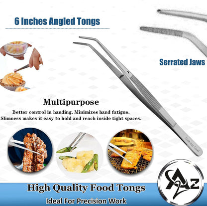 6 Inch Professional Culinary Stainless Steel Precision Tongs with Angled Serrated Tips, Plating/Food Presentation Detailing Serving Tongs, Chef's Kitchen Tweezer Tongs - Ultra Non-Slip Grip