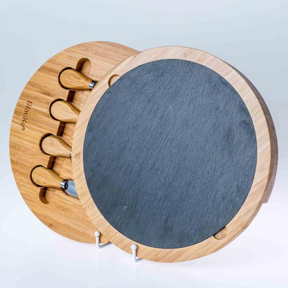 Bamboo Cheese Board and Knife Set – 14 inch Round Charcuterie Board, Serving Tray, Platter, Wood Cheeseboard Set with Slide-Out Drawer – BlauKe®