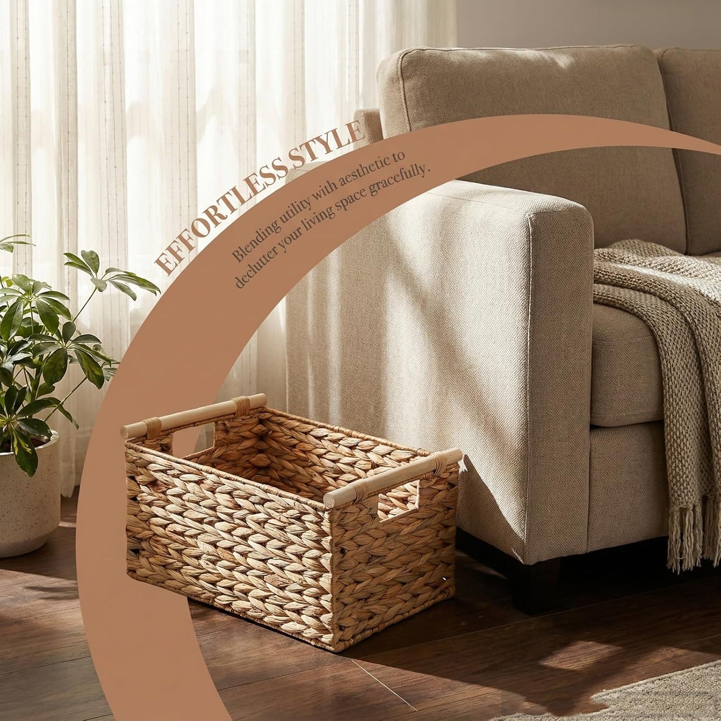 Water Hyacinth Woven Storage Basket, Rectangular Wicker Basket with Handle | Wooden Handle, Natural Water Hyacinth, Handwoven, Living room, bedroom, bathroom, shelf, utility room, towels, magazines
