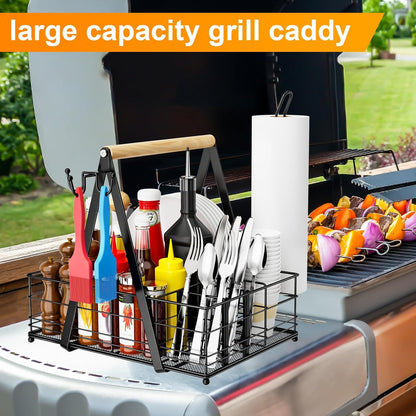 JBBTOOL Grill Caddy with 2 Paper Towel Holders, BBQ Caddy for Outdoor Grill, Picnic Condiment Utensil Caddy, Camping Essentials, RV, Tailgating, Grilling Accessories, Camping Kitchen, Gifts for Men