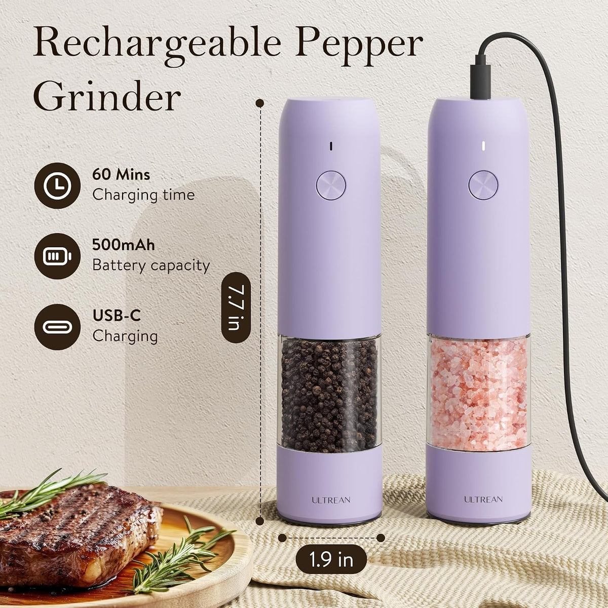 Ultrean Electric Salt and Pepper Grinder Set, Rechargeable,Matte Black