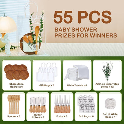 55Pcs Baby Shower Prizes for Game Winners 6 Sets Charcuterie Board with Spoons Butter Spreaders Forks Plaid Towel Thanks Card and Gift Bags for Bridal Shower Favors Party (Heart Shaped)