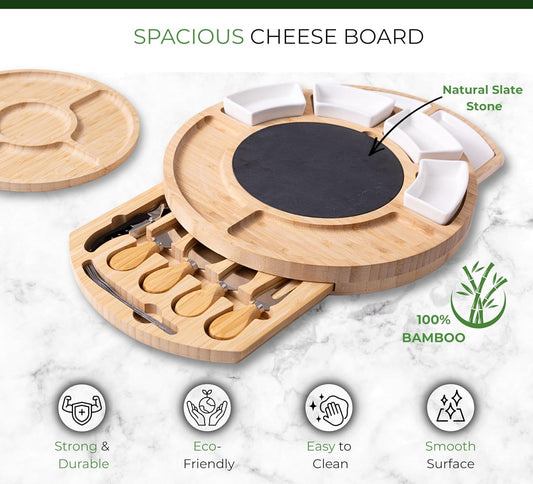 Elegant Bamboo Cheese Board Set: Appetizer & Charcuterie Platter with Drawers, Forks, Knives, Wine Key, Fruit Tray – Perfect Housewarming, Wedding & Bridal Gift.