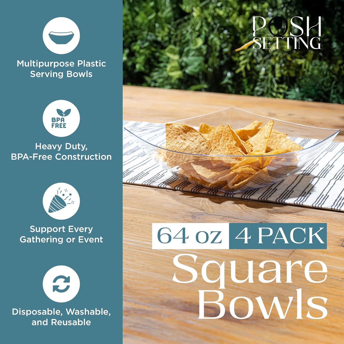 Posh Setting - White Plastic Square Serving Bowls for Party (16oz - 4 Pack), Disposable & Candy Containers for Party Table & Buffet