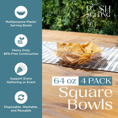 Posh Setting - White Plastic Square Serving Bowls for Party (16oz - 4 Pack), Disposable & Candy Containers for Party Table & Buffet