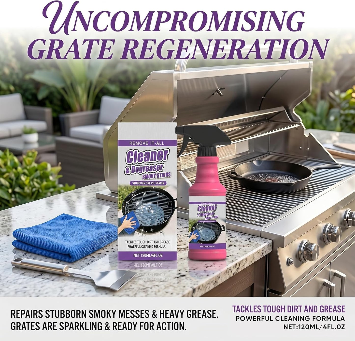 RAINPOT SAKER BBQ Grill Cleaner Spray for Outdoor Grills - Safe Heavy Duty Cleaner for Burnt Food & Grease, Kitchen Cleaner for Stubborn Splatters, Stove Top, Grill & Drip Pans (1)