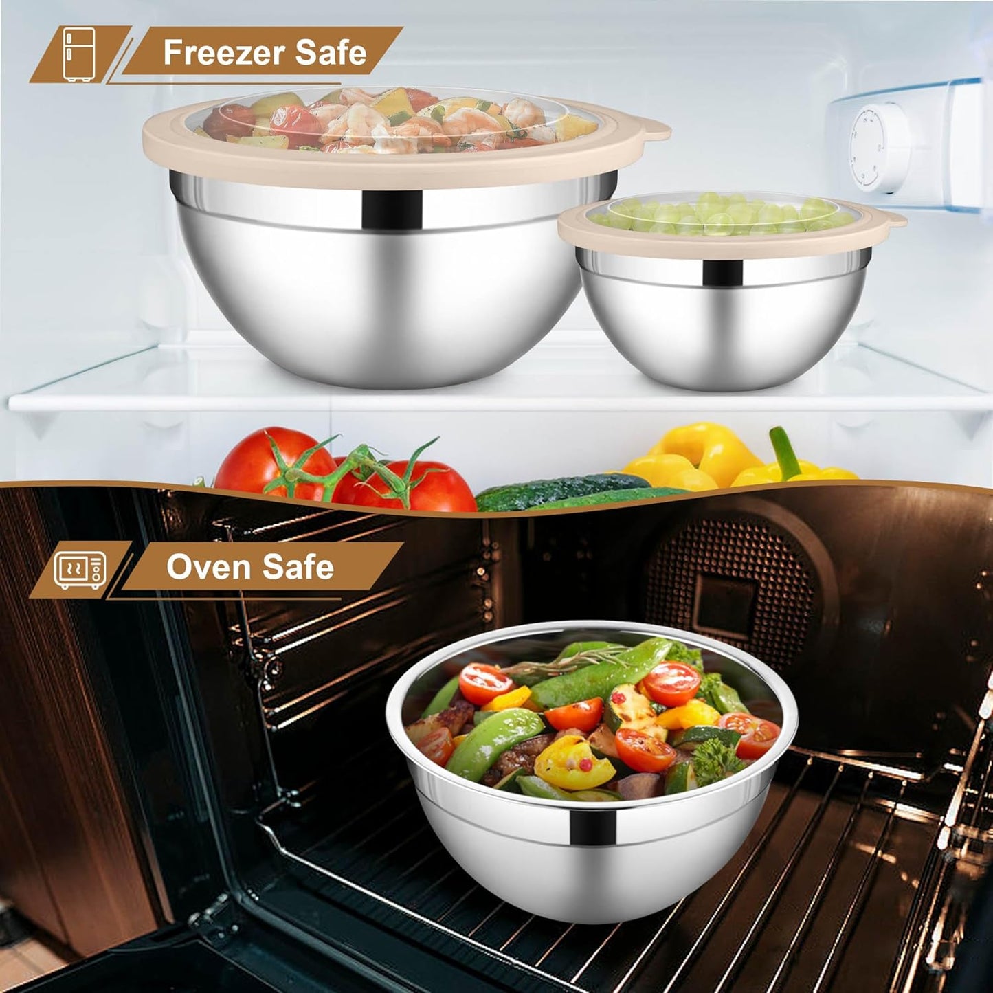 LIANYU Stainless Steel Mixing Bowls Sets of 6, Large 7, 3.5, 2.5, 2, 1.5, 1QT Size with Transparent Airtight Lids, Metal Nesting Serving Bowl Sets for Home Kitchen, Dishwasher & Freezer Safe, Black