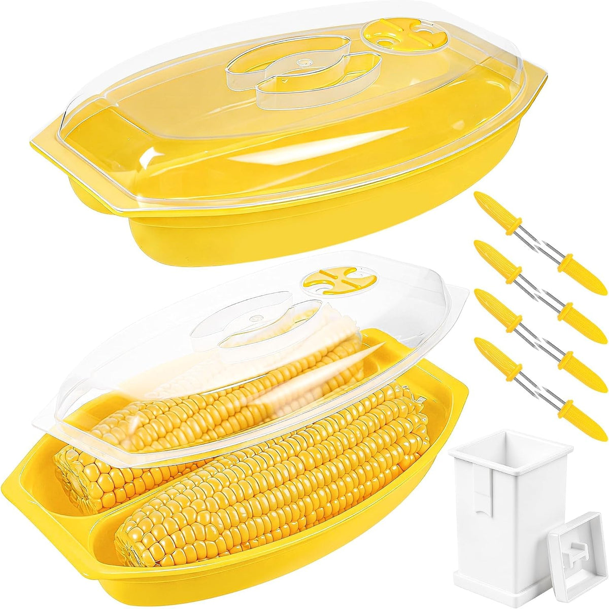 Aneco 2 Piece Microwave Corn Steamer with Lid for Frozen Corns Broccolini Vegetables Dishwasher Safe Corn on The Cob Cooker Holders Butter Dispenser, White