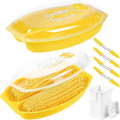 Aneco 2 Piece Microwave Corn Steamer with Lid for Frozen Corns Broccolini Vegetables Dishwasher Safe Corn on The Cob Cooker Holders Butter Dispenser, White
