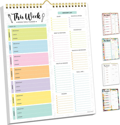 Decorably 52 Sheets Pastel Undated Magnetic Weekly Meal Planner and Grocery List Notepad with 4 Strong Magnets - 8.5x11in Spring-Bound, Refrigerator Mountable, Easy Tear-Off Design