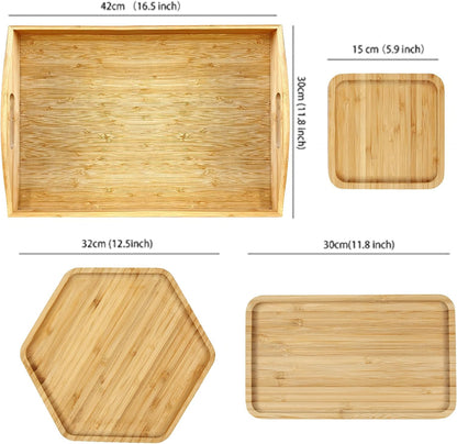 Bamboo Serving Trays Charcuterie Platter 16.5"x11.8"（42x30cm with Handle, Set Includes 1xHexagon 12.5"(32cm)+1xSquare 7.8"(20cm)+1xSquare 5.9"(15cm) Small Plates for Family Dinner