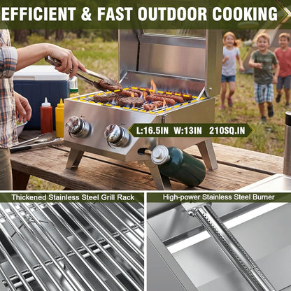 BESTFIRE 2-Burner Tabletop Propane Grill with Foldable Grill Cart, Portable Gas BBQ Station with Wheels & Prep Table, Dual-Fuel Setup for 1lb & 20lb Tanks, Stainless Steel Outdoor Kitchen for Camping