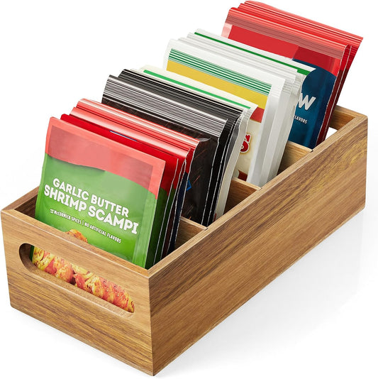 DRASTAR Pantry Organization and Storage Bins, Seasoning Packet Organizer with Removable Dividers,Wooden Storage Caddy for Kitchen, Pantry, Cabinet, Countertop, White