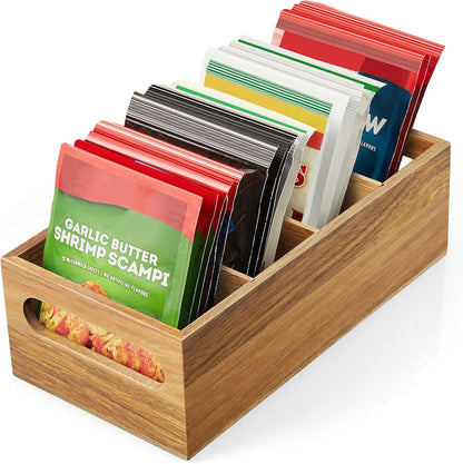 DRASTAR Pantry Organization and Storage Bins, Large Snack Organizer with Removable Dividers, Wooden Storage Caddy for Kitchen, Pantry, Cabinet, Countertop, Black