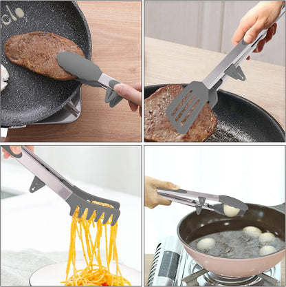 4in1 Stainless Steel Kitchen Food Tongs Set for Cooking with Silicone Tips, Toaster Steak Pie Pizza Pasta Spaghetti Noodles Salad Fruit Vegetable Grill BBQ Buffet Clamp Serving Tools Gadgets