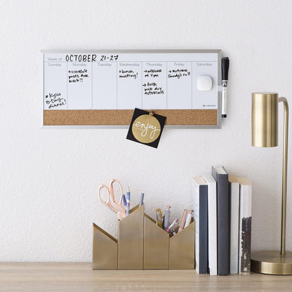 U Brands Magnetic Dry Erase Weekly Calendar White Board With Cork Strip, 18" x 7.5", Silver Aluminum Frame, Includes Magnet, Marker