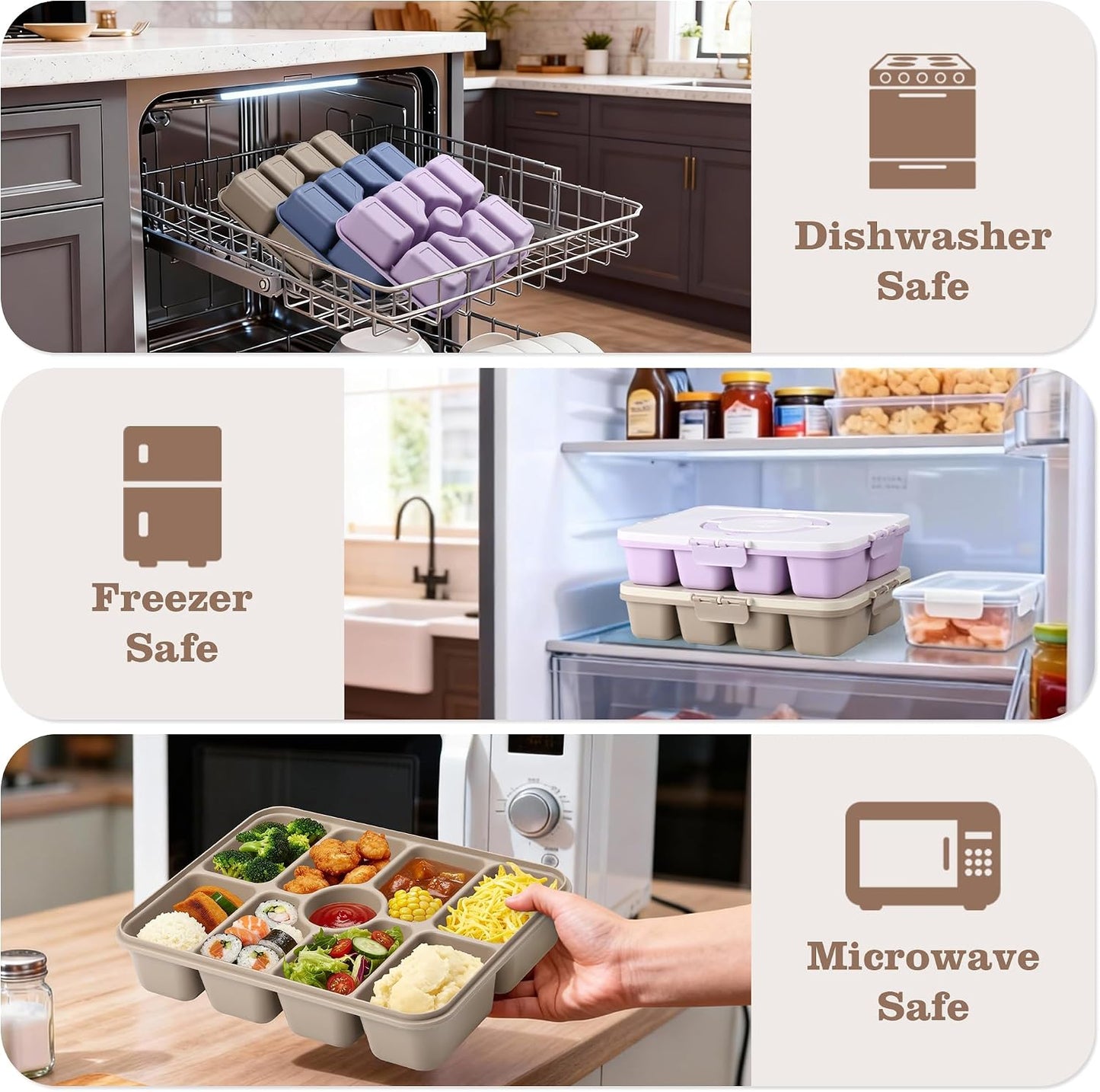 Snackle Box Container, Divided Serving Tray with Lid and Handle, 9 Compartments Snack Box Container for Adults, Portable Charcuterie Serving Platter for Candy Fruit, 9.9 Cups, White Grey