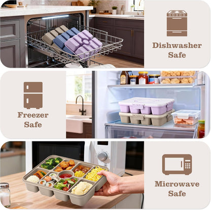 Snackle Box Container, Divided Serving Tray with Lid and Handle, 9 Compartments Snack Box Container for Adults, Portable Charcuterie Serving Platter for Candy Fruit, 9.9 Cups, White Grey