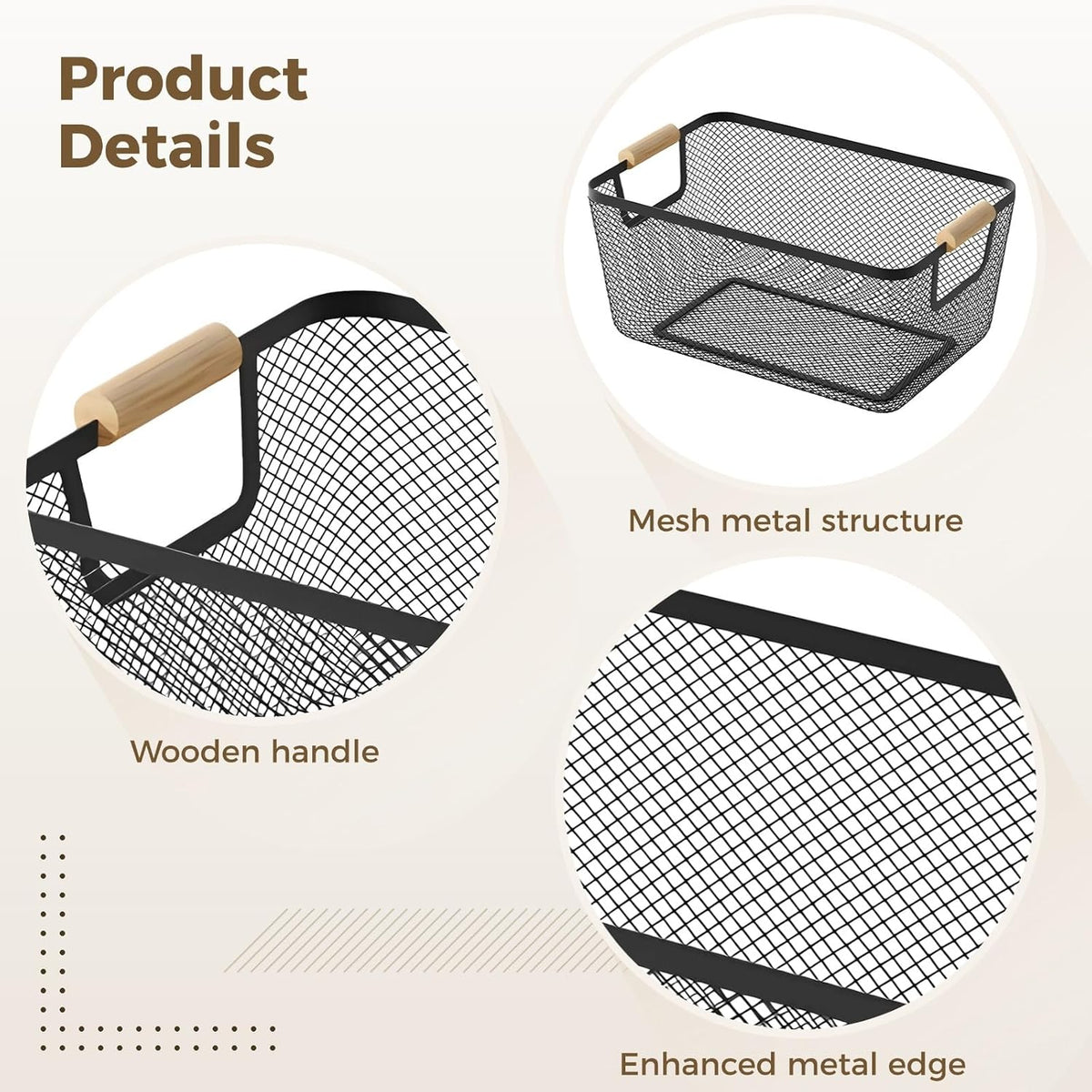 4pcs Metal Mesh Basket with Wooden Handles,Metal Mesh Wire Storage Baskets Dual Handle Wire Basket, Iron Bamboo Construction, Ideal for Kitchen Home Office Organization