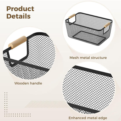 4pcs Metal Mesh Basket with Wooden Handles,Metal Mesh Wire Storage Baskets Dual Handle Wire Basket, Iron Bamboo Construction, Ideal for Kitchen Home Office Organization