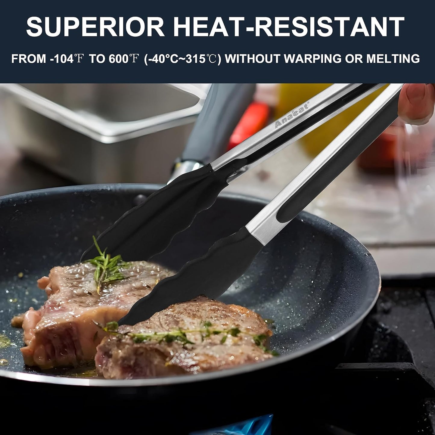Anaeat Premium Kitchen Locking Tong Set of 3 - Heavy Duty Stainless Steel Food Tongs with Long Handle & Non-Slip Silicone Grip for Cooking, Baking, Grilling - Heat Resistant up to 480°F