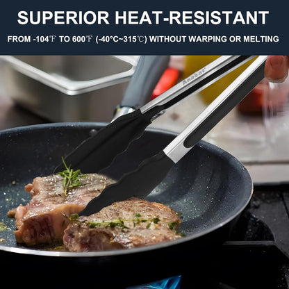 Anaeat Premium Kitchen Locking Tong Set of 3 - Heavy Duty Stainless Steel Food Tongs with Long Handle & Non-Slip Silicone Grip for Cooking, Baking, Grilling - Heat Resistant up to 480°F