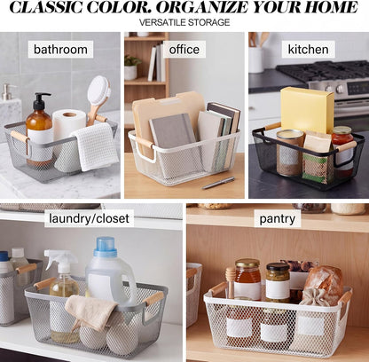 Sawysine 6 Pack Wire Mesh Baskets for Organizing with Wooden Handles 12.2 x 8.27 x 5.51 Inch Metal Mesh Storage Bins Black White Gray Fruit Vegetable Containers for Pantry Kitchen Office