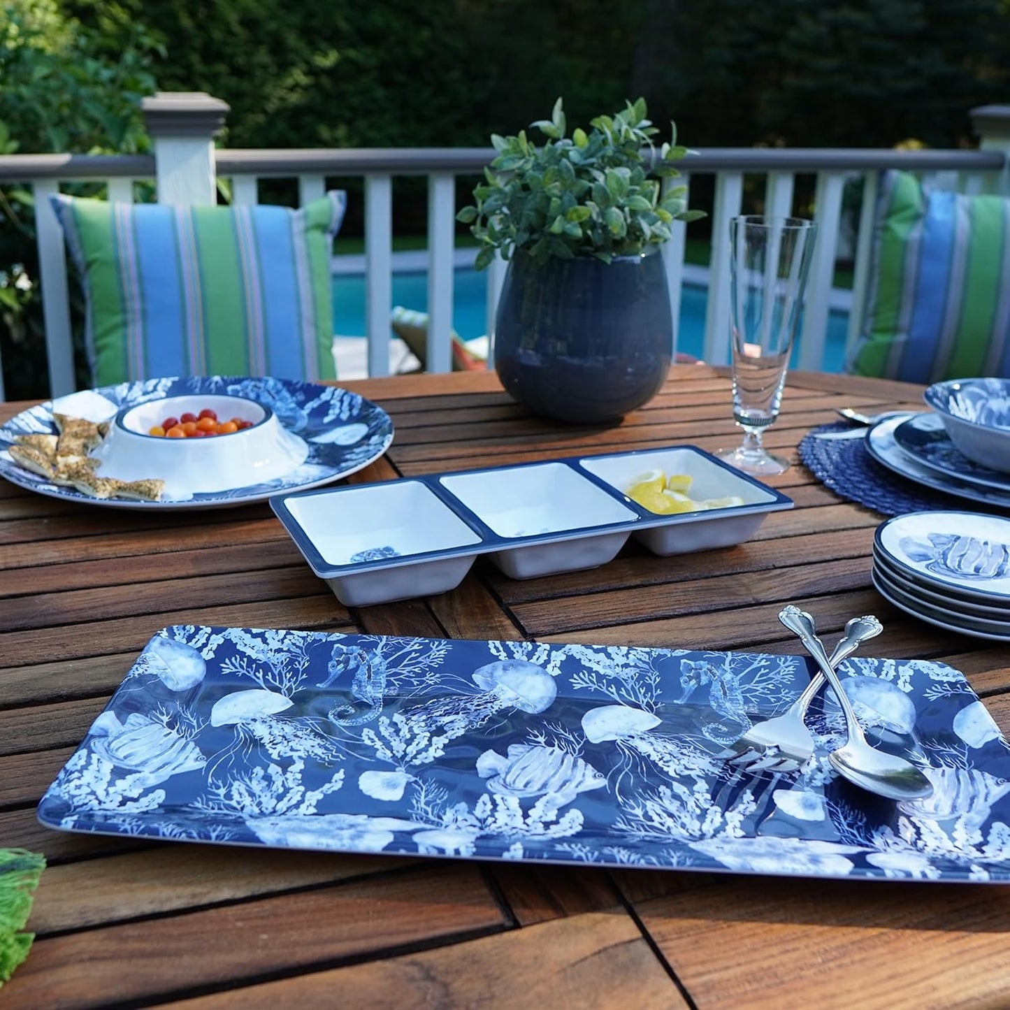 Sea Life Melamine 3-Piece Hostess Serving Set – Coastal Ocean-Themed Chip & Dip Bowl, 3-Section Relish Tray, and Rectangular Platter, Break-Resistant Nautical Tableware, Dishwasher Safe