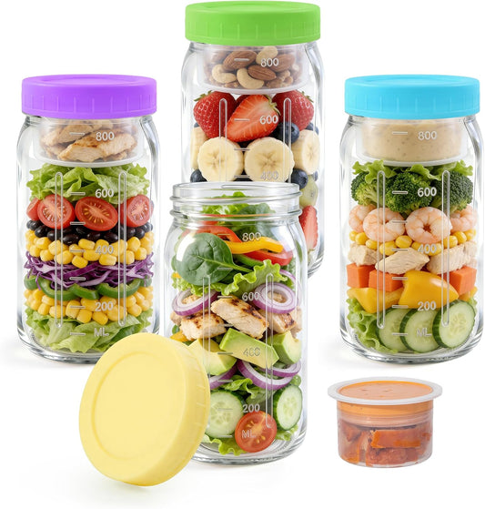 4Pack Glass Salad Jars with lids meal prep- 32oz Leakproof container for lunch | Comes with 2 Built-In Compartments for Wet/Dry Separation | salad dressing and dry ingredients storage.