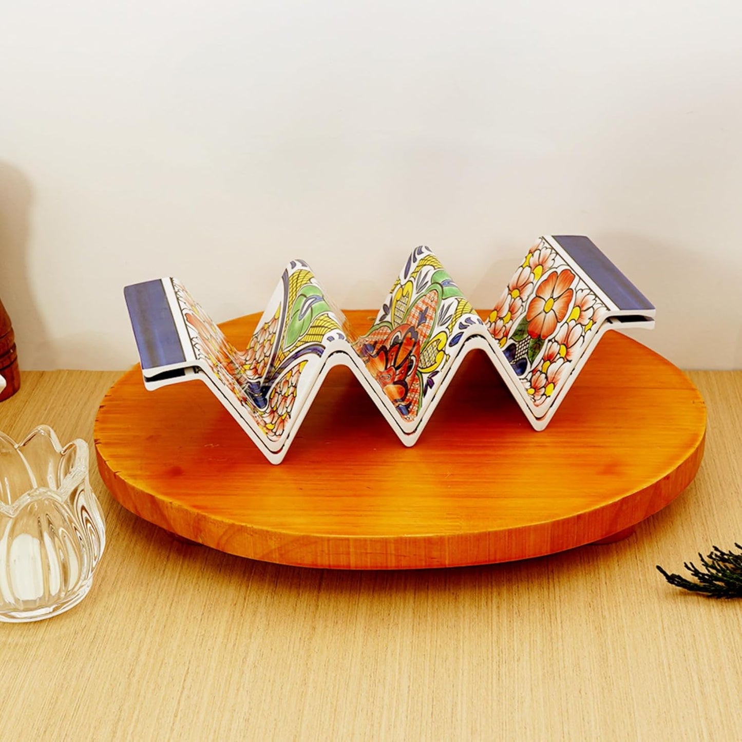 TP Taco Holder Stands, Set of 2 Melamine Large Taco Serving Rack Tray with Handle, Holds 3 Tacos, Dishwasher Safe, Ideal for Taco Night, Party, Home, Fiesta, Talavera Tile
