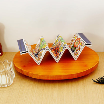 TP Taco Holder Stands, Set of 2 Melamine Large Taco Serving Rack Tray with Handle, Holds 3 Tacos, Dishwasher Safe, Ideal for Taco Night, Party, Home, Fiesta, Talavera Tile