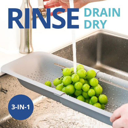 BLUE GINKGO Over the Sink Colander Strainer Basket - Wash Vegetables and Fruits, Drain Cooked Pasta and Dry Dishes - Extendable - New Home Kitchen Essentials (Grey, 1 Pack)