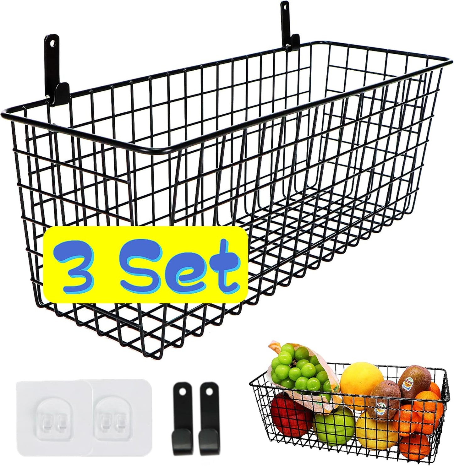 Joben Oligey 3 Set [Extra Large] Hanging Wall Wire Baskets, Farmhouse Food Storage Kitchen Pantry Laundry Closet Garage RV, White