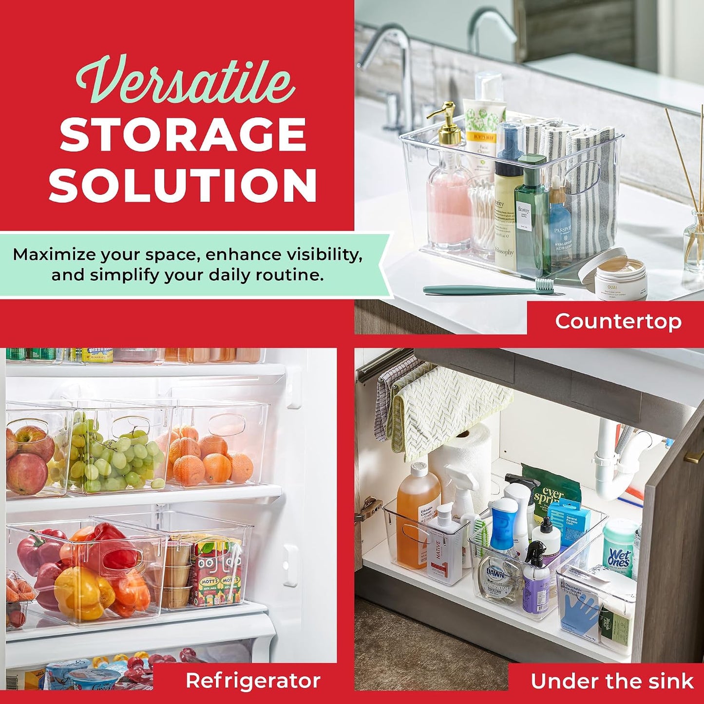 Clear Refrigerator Organizer Bins - Plastic Fridge Organizers - Storage Containers for Organizing Pantry, Cupboard, Cabinet, Freezer, Food, Fruit, Kitchen, Bathroom - Refrigerator Storage Bin set of 4